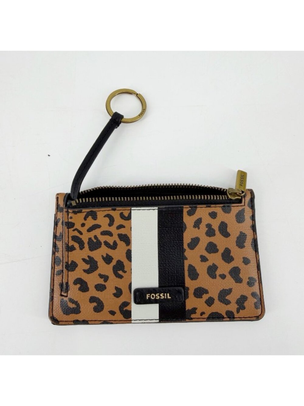 Fossil Leather Leopard Animal Print Zip Card Case Wallet Keychain